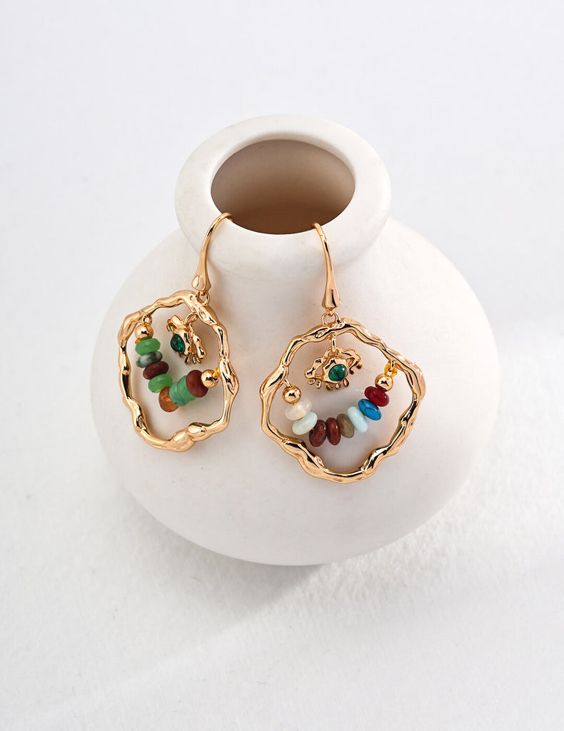 Colored Stone Beads Wire Hook Earrings