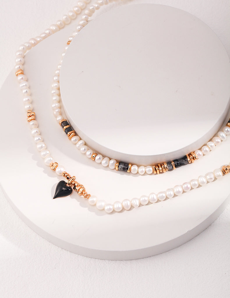 Pearl  & Black Sparkle Stone Necklace