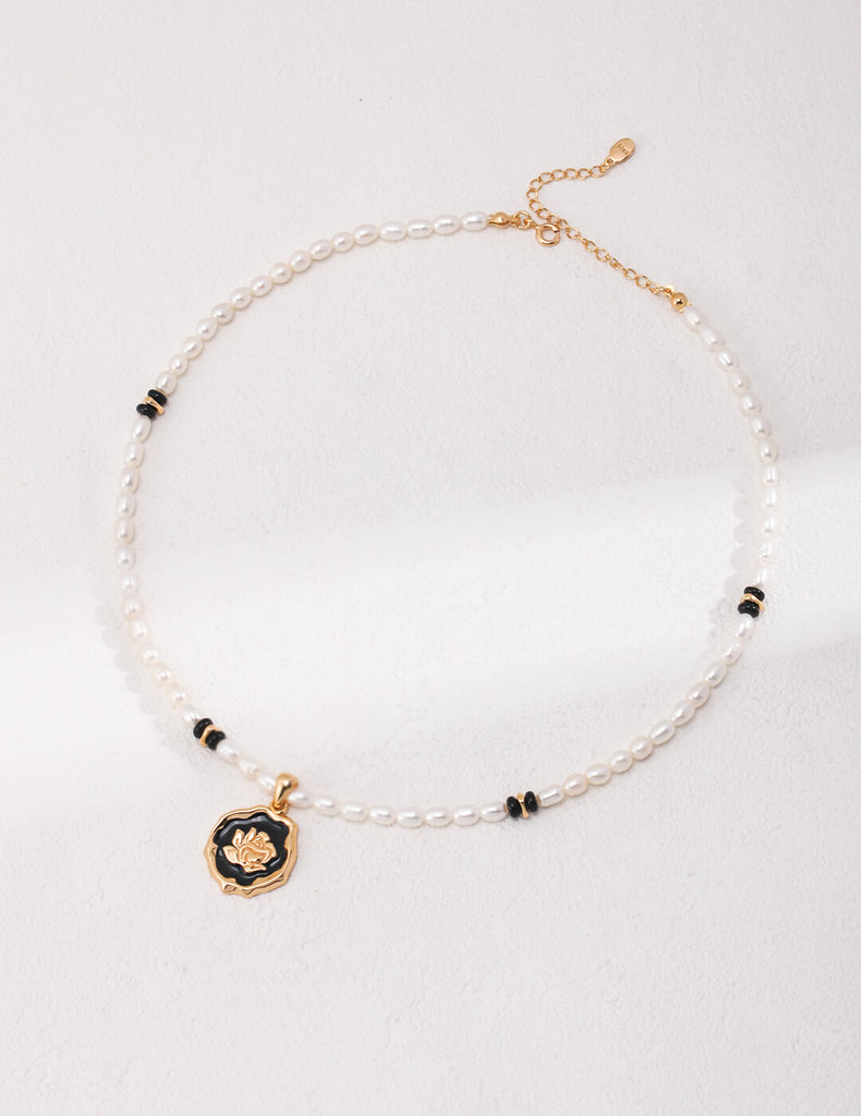 Drip Glazed Rose Pendant Pearl Necklace