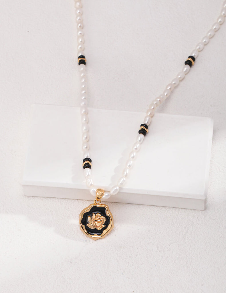 Drip Glazed Rose Pendant Pearl Necklace