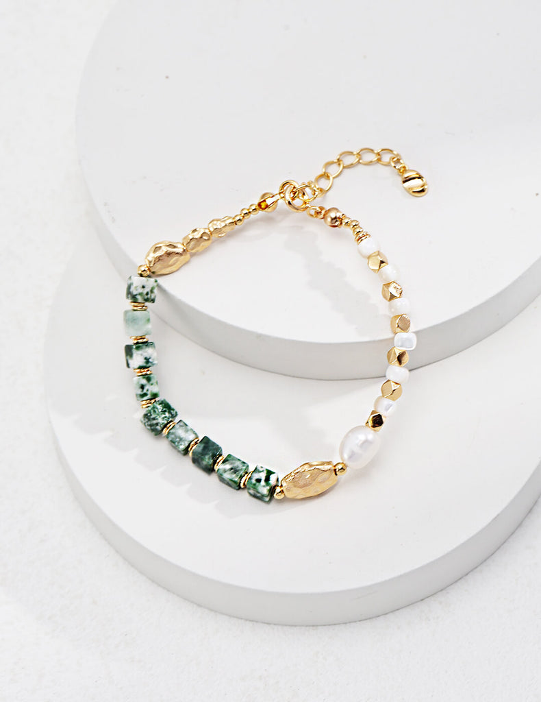 Emerald Square Gemstone Pearl Bracelet