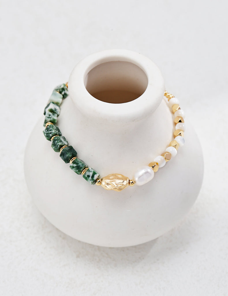 Emerald Square Gemstone Pearl Bracelet