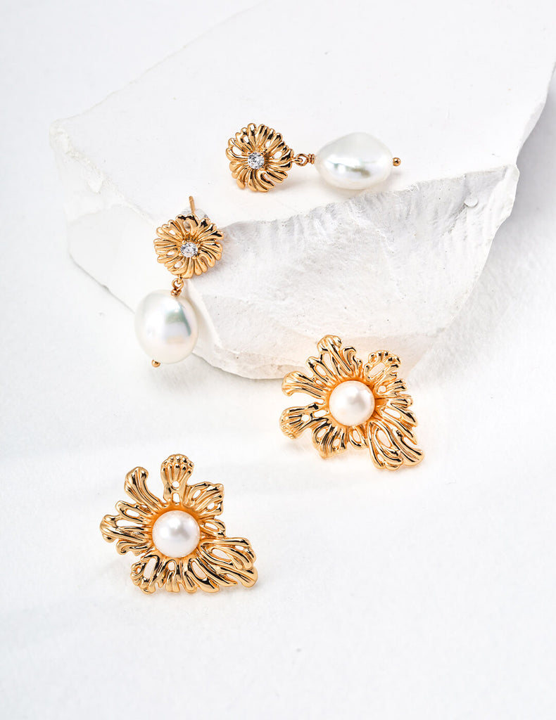 Flower Pearl Pendant Earrings