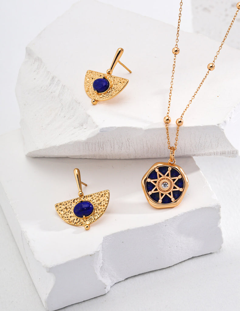 Lapis Lazuli Starburst Pattern Pendant Necklace