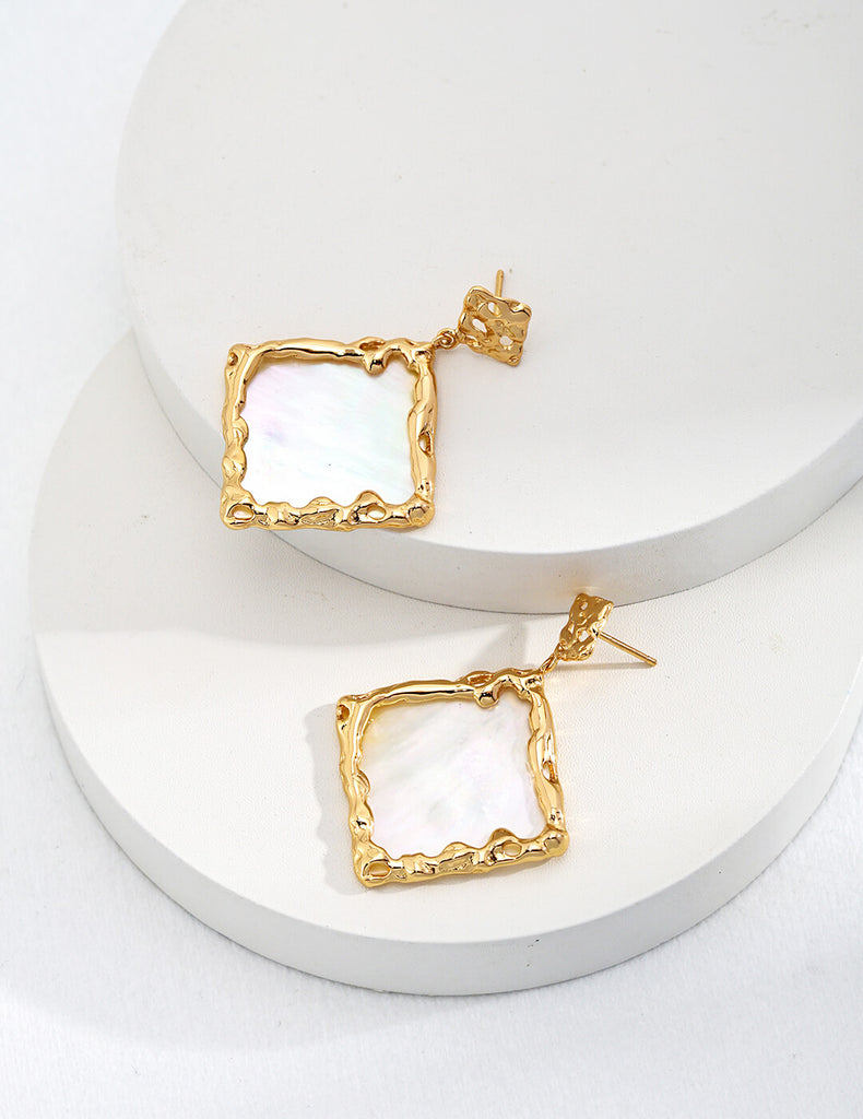 Lava Texture Bezel Square Shell Earrings