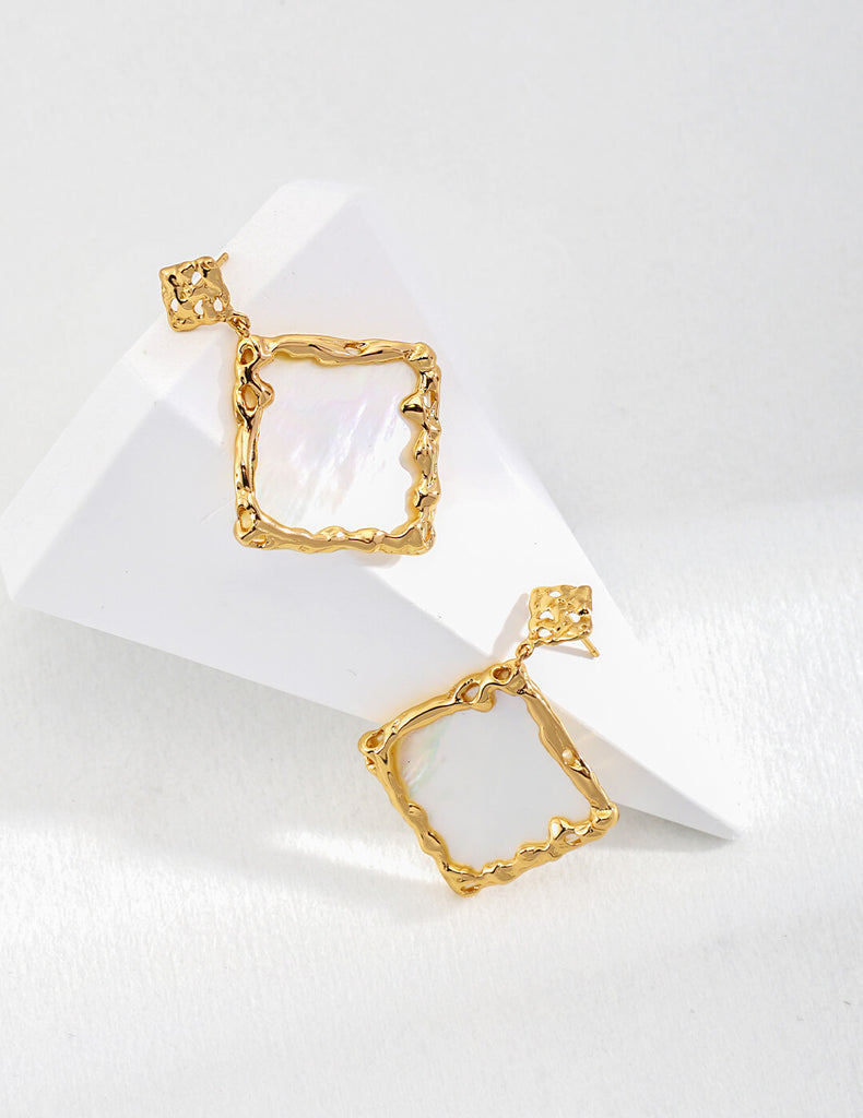 Lava Texture Bezel Square Shell Earrings