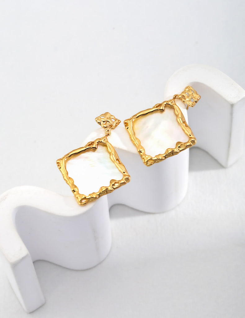 Lava Texture Bezel Square Shell Earrings