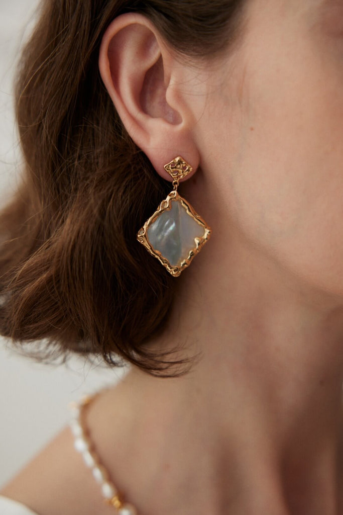 Lava Texture Bezel Square Shell Earrings