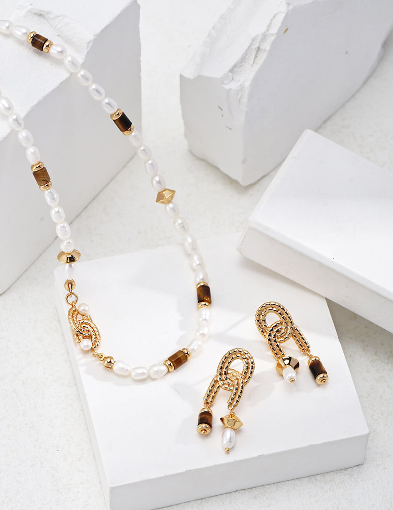 Pearl Tiger Eye Stone Vintage Necklace / Earrings