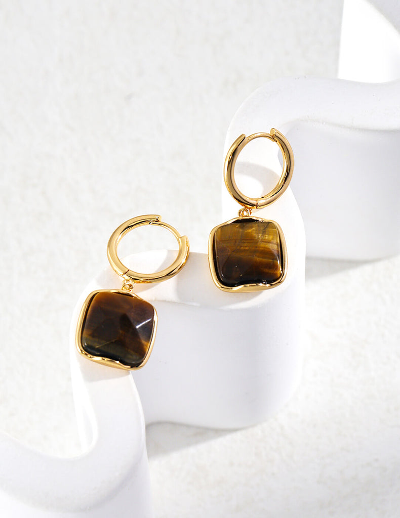 Square Tiger Eye Stone Bezel Earrings