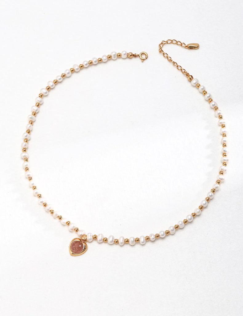 Strawberry Crystal Heart Pendant Natural Pearl Necklace