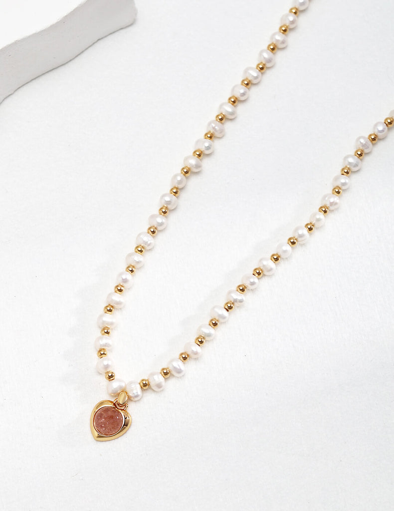 Strawberry Crystal Heart Pendant Natural Pearl Necklace