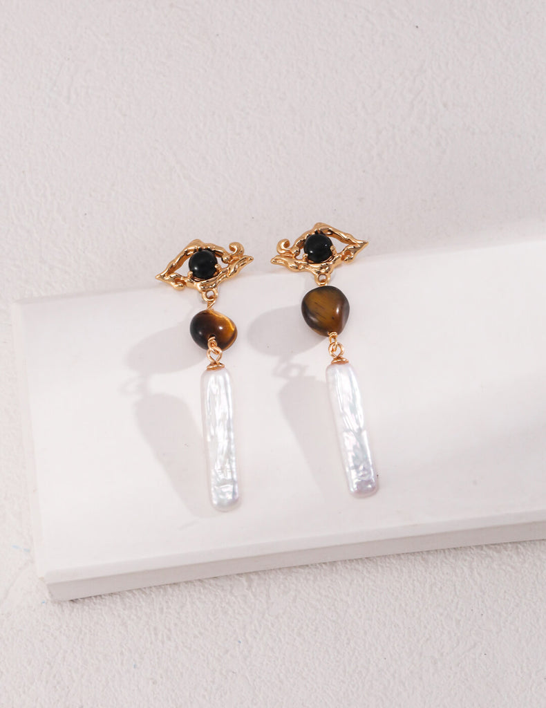 Tiger Eye Stone Black Onyx Pearl Earrings