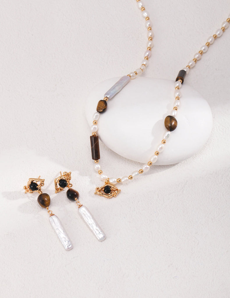 Tiger Eye Stone Black Onyx Pearl Necklace