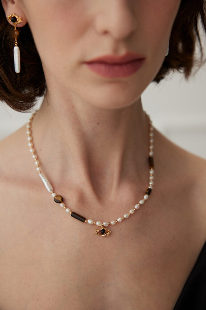 Tiger Eye Stone Black Onyx Pearl Necklace