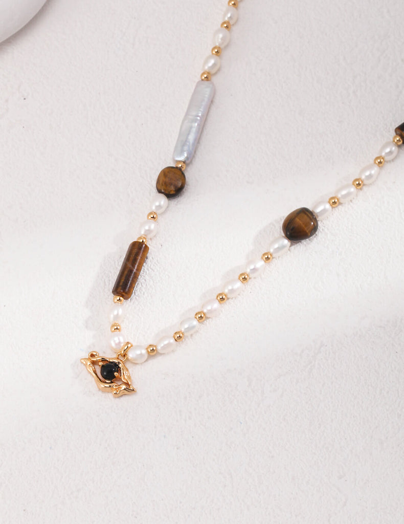 Tiger Eye Stone Black Onyx Pearl Necklace