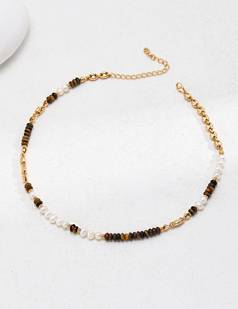 Tiger Eye Stone Flat Beads Pearl Necklace