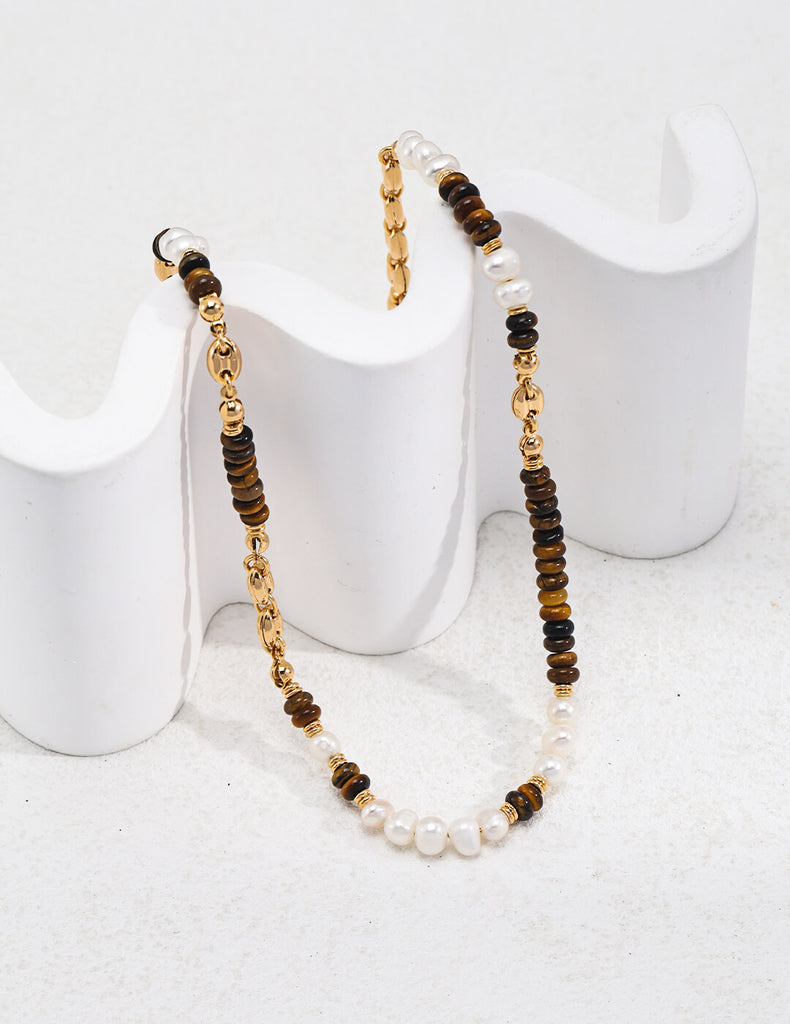 Tiger Eye Stone Flat Beads Pearl Necklace