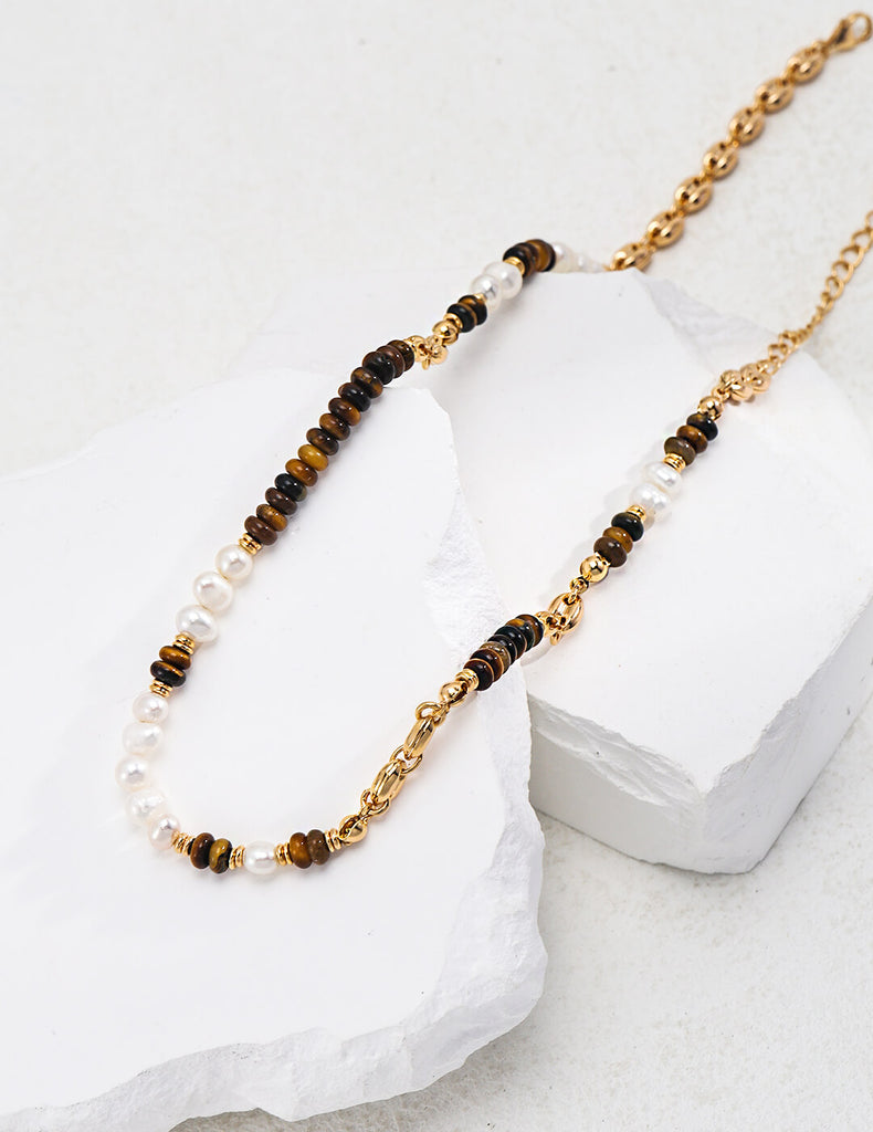 Tiger Eye Stone Flat Beads Pearl Necklace