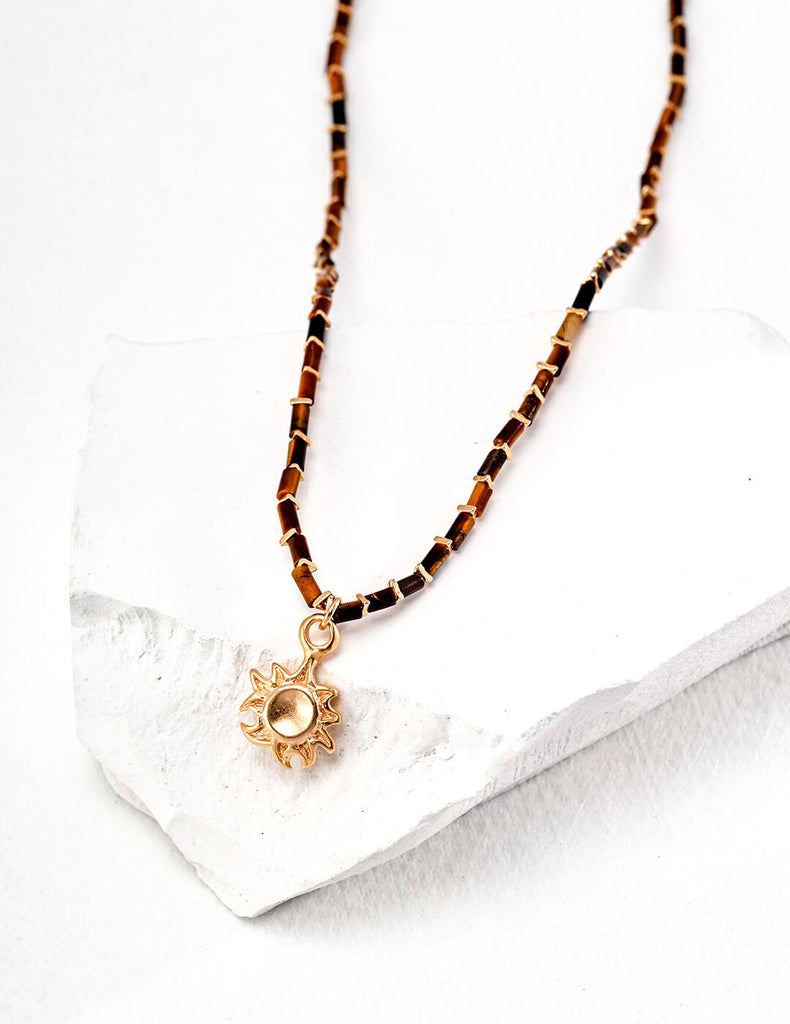 Tiger Eye Stone Necklace Sun Pendant