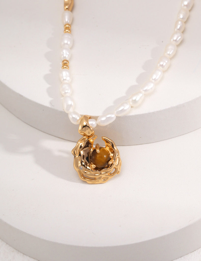 Tiger Eye Stone Pendant Agate Pearl Necklace