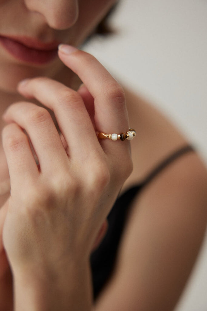 Tiger Eye Stone Shell Beads Ring