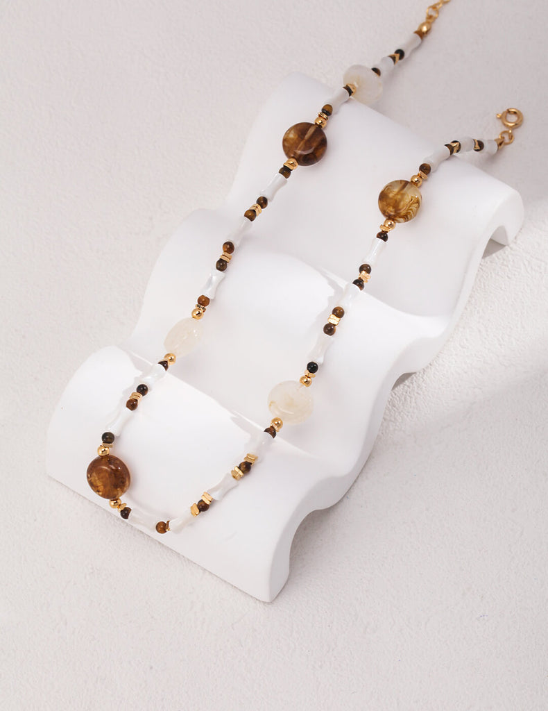 Tiger Eye Stone Shell Tube Beads Necklace