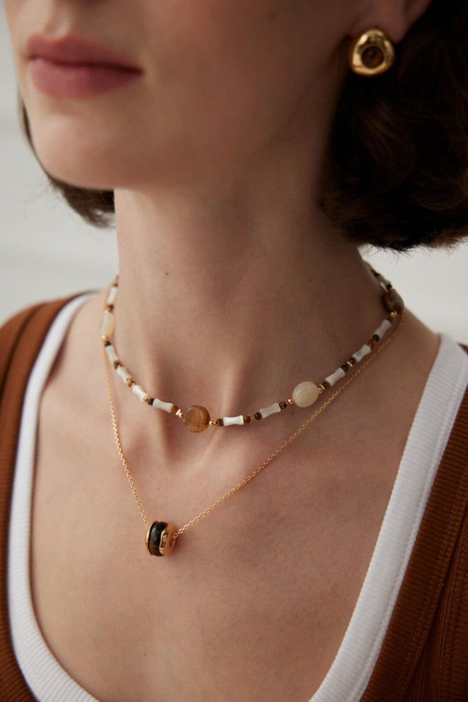 Tiger Eye Stone Shell Tube Beads Necklace