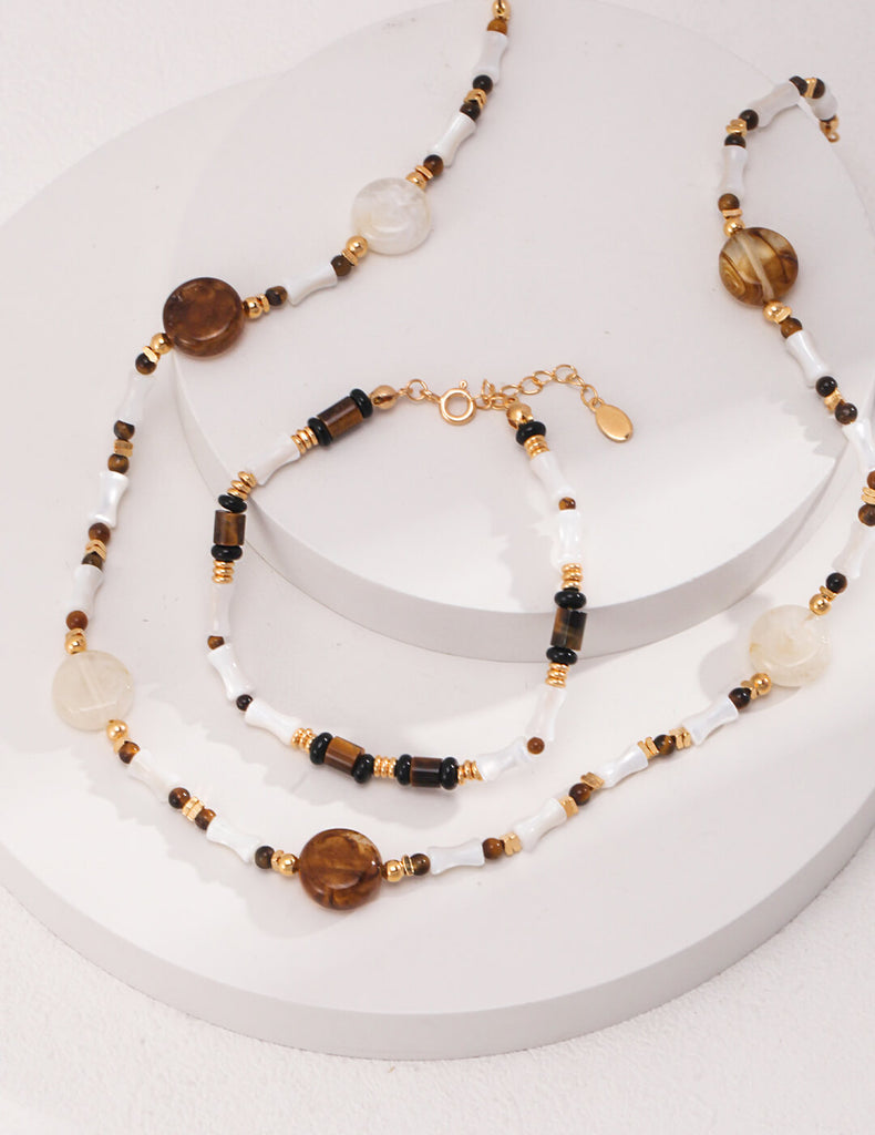 Tiger Eye Stone Shell Tube Beads Necklace