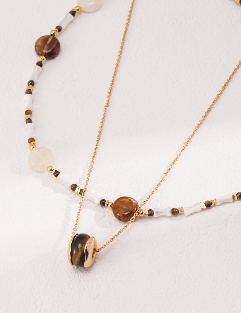 Tiger Eye Stone Shell Tube Beads Necklace