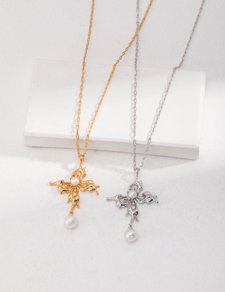 Cross Flower Pearl Pendant Necklace